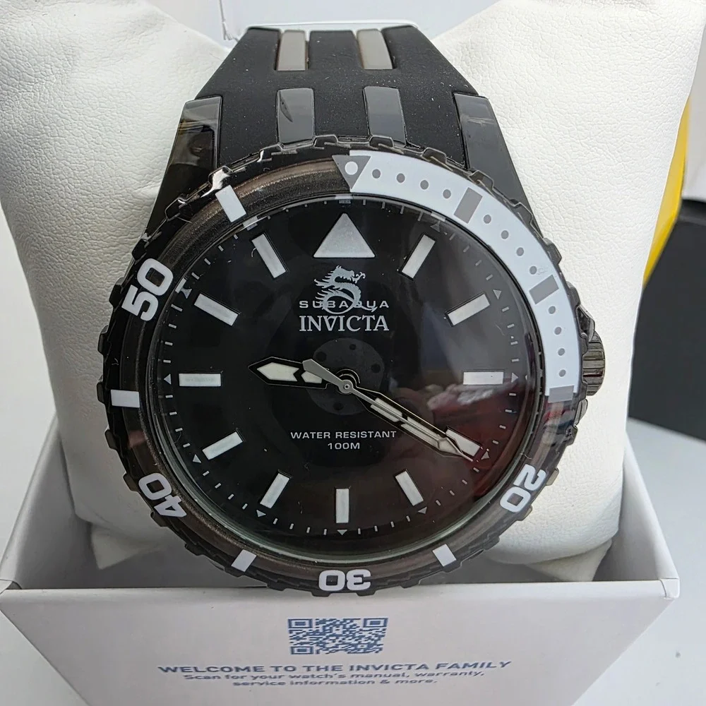 Invicta Subaqua 69447 Mens Watch Black Acrylic 44mm Case Silicone Strap 100M